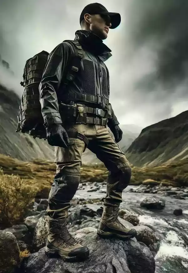 Mężczyzna w stroju survivalowym , na ekstremalne warunki - zasada C.O.L.D.E.R